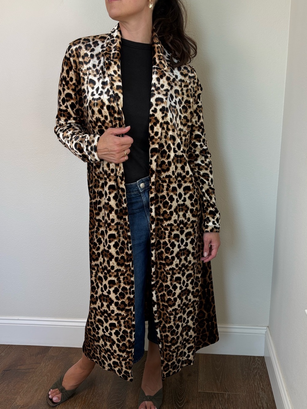 Ella Blue Velvet Leopard Print Lightweight Trench Duster Coat L